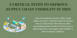 3 CRITICAL STEPS TO IMPROVE
SUPPLY CHAIN VISIBILITY IN 2023
Since the pandemic struck in 2020, supply
chains across the world have faced disruptions
that are still present. This wake-up call is
encouraging business leaders to focus more on
improving end-to-end supply chain visibility to
achieve stronger resilience.
 