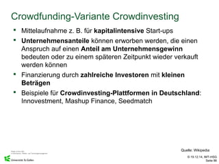 © 19.12.14, IMT-HSG
Seite 86
Crowdfunding-Variante Crowdinvesting
 Mittelaufnahme z. B. für kapitalintensive Start-ups
 ...