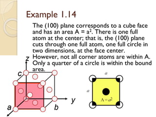 Example 1.14
The (100) plane corresponds to a cube face
and has an area A = a2. There is one full
atom at the center; that is, the (100) plane
cuts through one full atom, one full circle in
two dimensions, at the face center.
However, not all corner atoms are within A.
Only a quarter of a circle is within the bound
area.
 