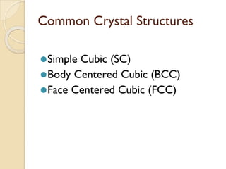 Common Crystal Structures
⚫Simple Cubic (SC)
⚫Body Centered Cubic (BCC)
⚫Face Centered Cubic (FCC)
 