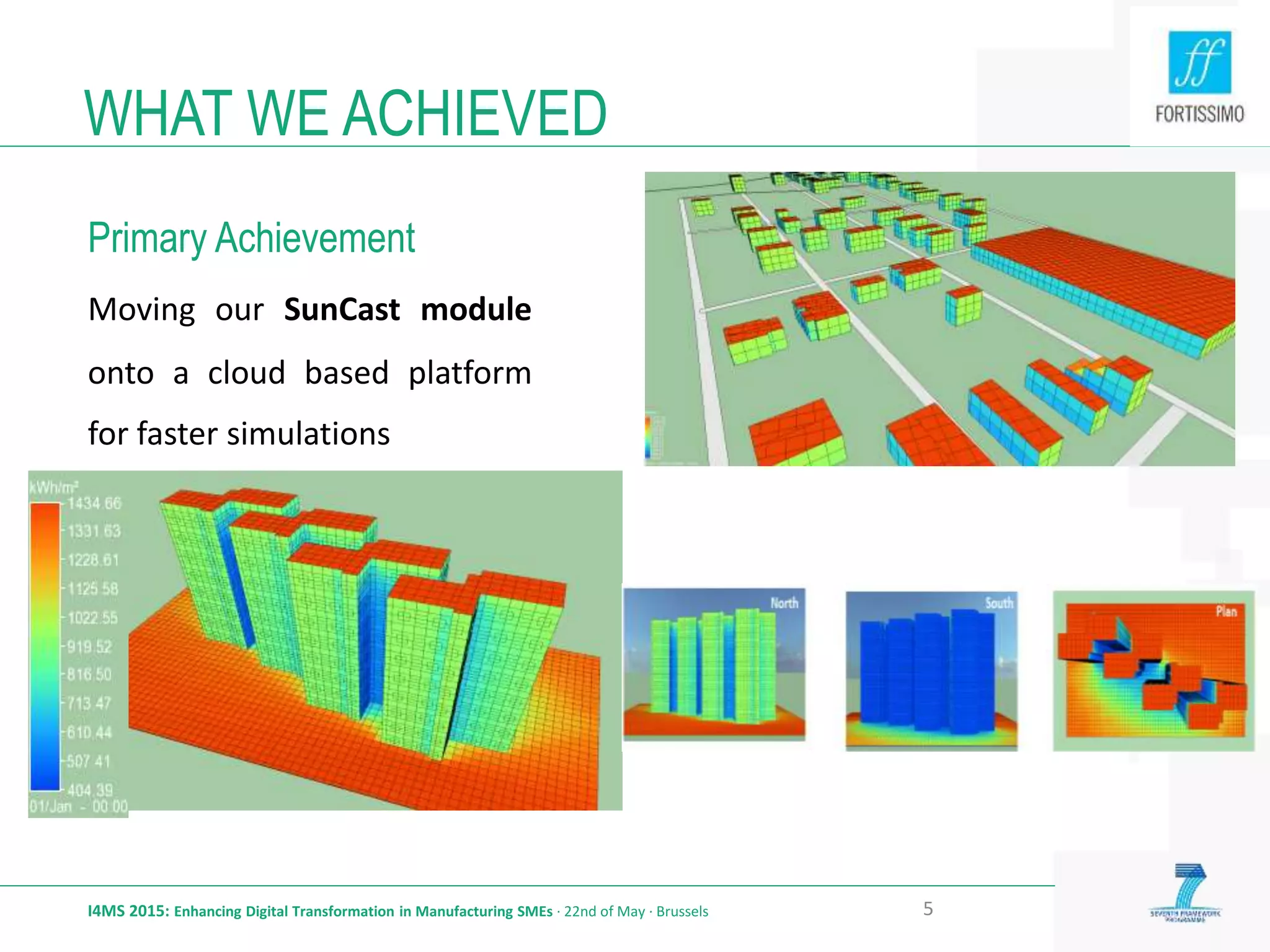 WHAT WE ACHIEVED
Primary Achievement
Moving our SunCast module
onto a cloud based platform
for faster simulations
I4MS 2015: Enhancing Digital Transformation in Manufacturing SMEs · 22nd of May · Brussels 5
 