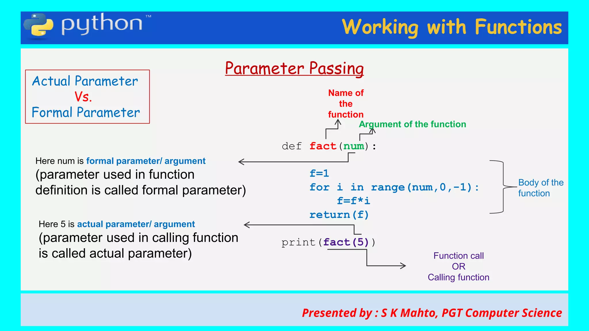 Working with Functions
Parameter Passing
def fact(num):
f=1
for i in range(num,0,-1):
f=f*i
return(f)
print(fact(5))
Body of the
function
Name of
the
function
Argument of the function
Function call
OR
Calling function
Presented by : S K Mahto, PGT Computer Science
Actual Parameter
Vs.
Formal Parameter
Here num is formal parameter/ argument
(parameter used in function
definition is called formal parameter)
Here 5 is actual parameter/ argument
(parameter used in calling function
is called actual parameter)
 