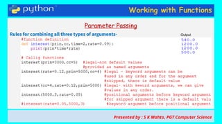 Working with Functions
Parameter Passing
Rules for combining all three types of arguments-
Presented by : S K Mahto, PGT Computer Science
Output
 