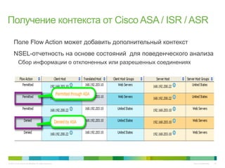 © 2010 Cisco and/or its affiliates. All rights reserved. Cisco Confidential 42
•  Поле Flow Action может добавить дополнительный контекст
•  NSEL-отчетность на основе состояний для поведенческого анализа
Сбор информации о отклоненных или разрешенных соединениях
Получение контекста от Cisco ASA / ISR / ASR
 