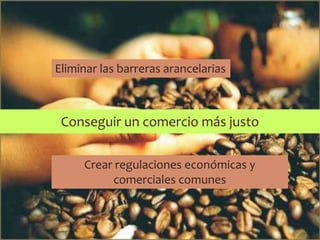 Conseguir un comercio más justo
Eliminar las barreras arancelarias
Crear regulaciones económicas y
comerciales comunes
 