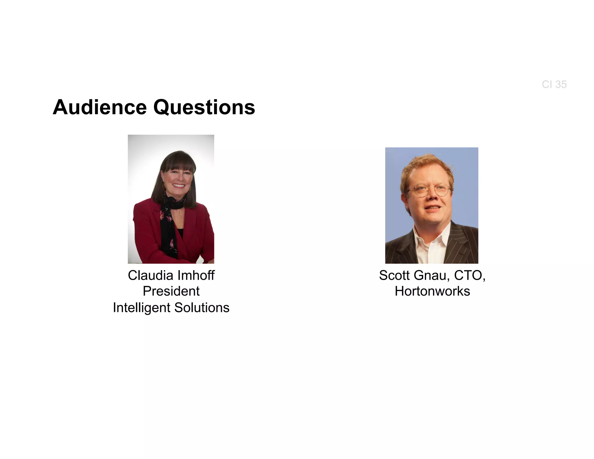 Audience Questions
CI 35
Scott Gnau, CTO,
Hortonworks
Claudia Imhoff
President
Intelligent Solutions
 