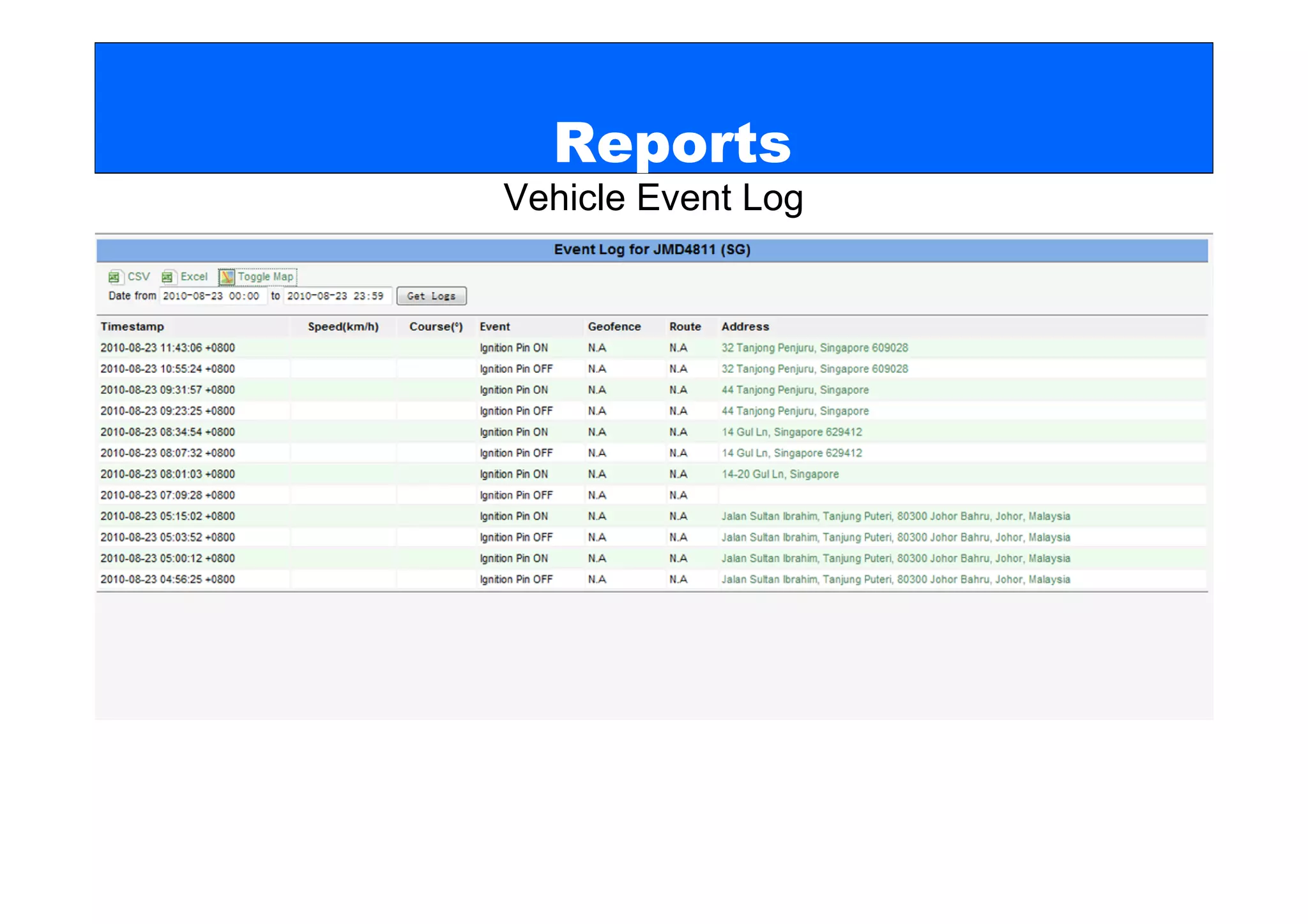 Reports
Vehicle Event Log
 