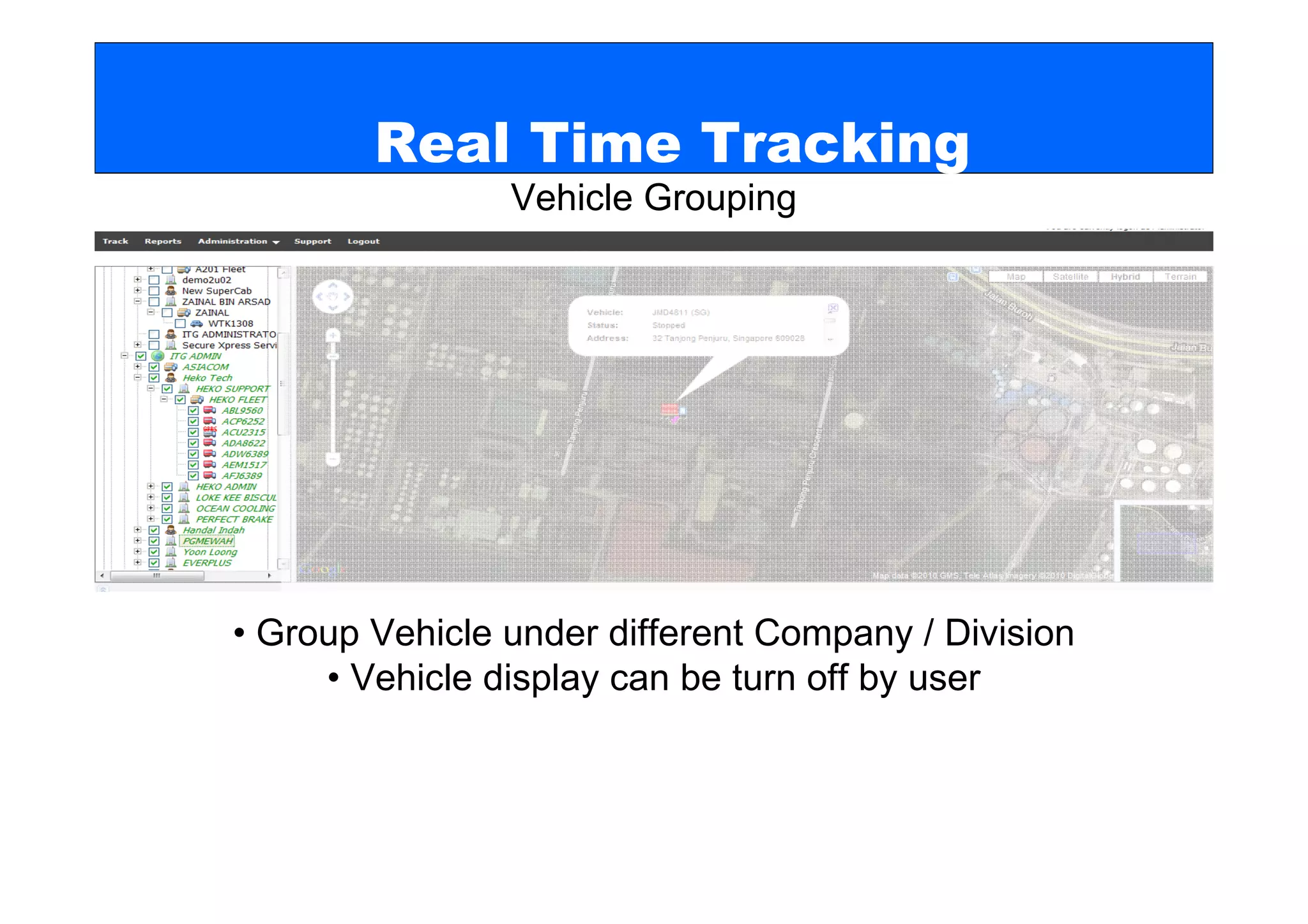 Real Time Tracking
                Vehicle Grouping




                                                     Page 19




• Group Vehicle under different Company / Division
     • Vehicle display can be turn off by user
 