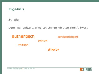 Ergebnis Schade! Denn wer twittert, erwartet binnen Minuten eine Antwort: authentisch serviceorientiert ehrlich zeitnah direkt 