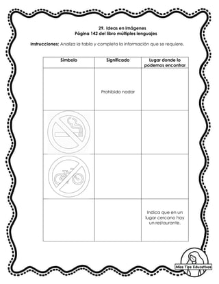 29. Ideas en imágenes
Página 142 del libro múltiples lenguajes
Instrucciones: Analiza la tabla y completa la información que se requiere.
Símbolo Significado Lugar donde lo
podemos encontrar
Prohibido nadar
Indica que en un
lugar cercano hay
un restaurante.
 