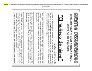 Dia 2 En esta activiad tendra que leer los parrafos y vamos a acomodar acormemente el cuento puede ser en la computadora
o en braille.
 