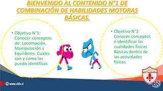 BIENVENIDO AL CONTENIDO N°1 DE
COMBINACIÓN DE HABILIDADES MOTORAS
BÁSICAS.
• Objetivo N°1:
Conocer conceptos
de: Locomoción,
Manipulación y
Equilibrios. Cuales
son y como los
puedo identificar.
• Objetivo N°2:
Conocer conceptos
e Identificar las
cualidades físicas
Básicas dentro de
las actividades
físicas.
 