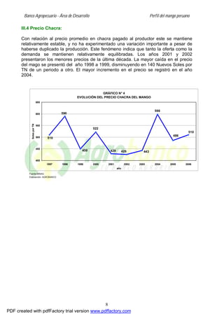 Banco Agropecuario - Área de Desarrollo Perfil del mango peruano
8
III.4 Precio Chacra:
Con relación al precio promedio en chacra pagado al productor este se mantiene
relativamente estable, y no ha experimentado una variación importante a pesar de
haberse duplicado la producción. Este fenómeno indica que tanto la oferta como la
demanda se mantienen relativamente equilibradas. Los años 2001 y 2002
presentaron los menores precios de la última década. La mayor caída en el precio
del mago se presentó del año 1998 a 1999, disminuyendo en 140 Nuevos Soles por
TN de un periodo a otro. El mayor incremento en el precio se registró en el año
2004.
Fuente:MINAG
Elaboarción: AGROBANCO
GRÁFICO N° 4
EVOLUCIÓN DEL PRECIO CHACRA DEL MANGO
429 426
598
486
510
510
590
450
522
443
400
450
500
550
600
650
1997 1998 1999 2000 2001 2002 2003 2004 2005 2006
año
Soles
por
TN
PDF created with pdfFactory trial version www.pdffactory.com
 