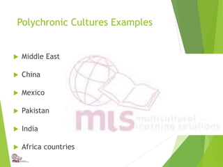 Polychronic Cultures Examples
 Middle East
 China
 Mexico
 Pakistan
 India
 Africa countries
 