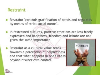 Restraint
 Restraint "controls gratification of needs and regulates
by means of strict social norms".
 In restrained cultures, positive emotions are less freely
expressed and happiness, freedom and leisure are not
given the same importance.
 Restraint as a cultural value tends
towards a perception of helplessness
and that what happens in one's life is
beyond his/her own control.
 