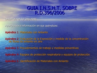 GUIA I.N.S.H.T. SOBRE R.D.396/2006 Desarrolla el RD 396/2006 Aporta nueva información en sus apéndices: Apéndice 1 : Materiales con Amianto Apéndice 2 : Evaluación de la Exposición y medida de la concentración de fibras de amianto en aire Apéndice 3 : Procedimientos de trabajo y medidas preventivas Apéndice 4:  Equipos de protección respiratoria y equipos de protección Apéndice 5 : Identificación de Materiales con Amianto 