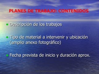 Descripción de los trabajos Tipo de material a intervenir y ubicación (amplio anexo fotográfico) Fecha prevista de inicio y duración aprox. PLANES DE TRABAJO: CONTENIDOS 