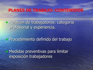 Relación de trabajadores: categoría profesional y experiencia. Procedimiento definido del trabajo Medidas preventivas para limitar exposición trabajadores PLANES DE TRABAJO: CONTENIDOS 