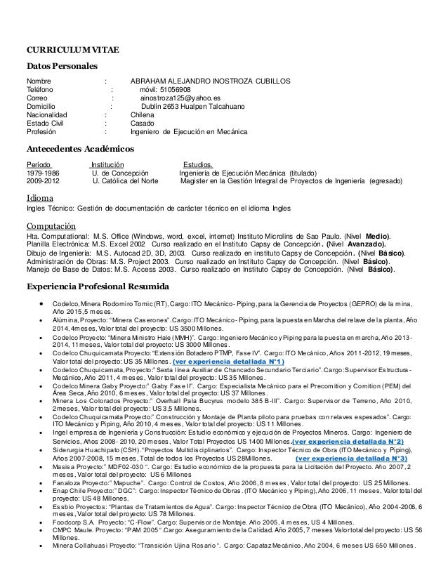 curriculum vitae de residente de obra