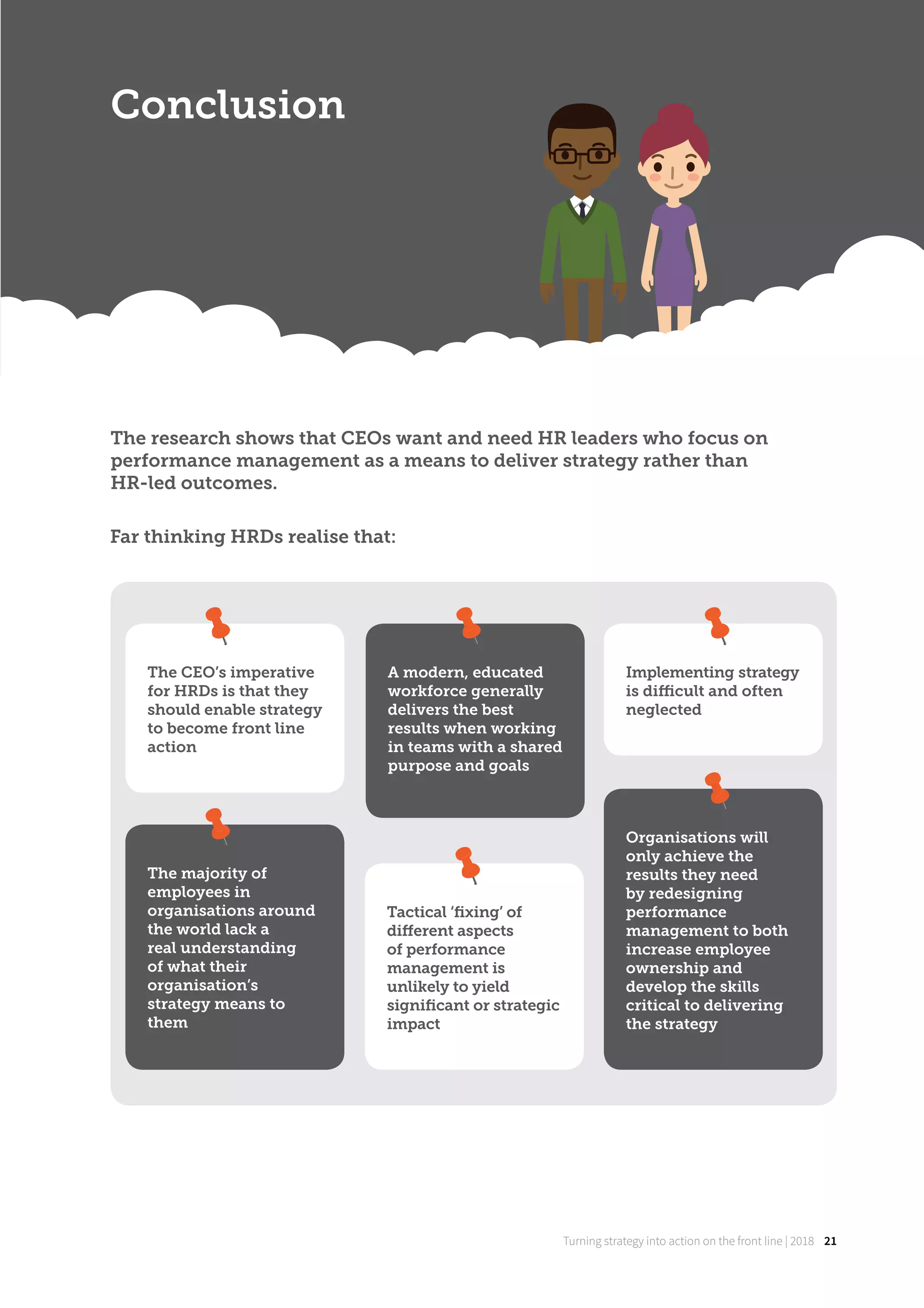 Turning strategy into action on the front line | 2018 21
The research shows that CEOs want and need HR leaders who focus on
performance management as a means to deliver strategy rather than
HR-led outcomes.
Conclusion
Turning strategy into action on the front line | 2018 21
Far thinking HRDs realise that:
The CEO’s imperative
for HRDs is that they
should enable strategy
to become front line
action
Implementing strategy
is diﬃcult and often
neglected
The majority of
employees in
organisations around
the world lack a
real understanding
of what their
organisation’s
strategy means to
them
Organisations will
only achieve the
results they need
by redesigning
performance
management to both
increase employee
ownership and
develop the skills
critical to delivering
the strategy
A modern, educated
workforce generally
delivers the best
results when working
in teams with a shared
purpose and goals
Tactical ‘ﬁxing’ of
diﬀerent aspects
of performance
management is
unlikely to yield
signiﬁcant or strategic
impact
 