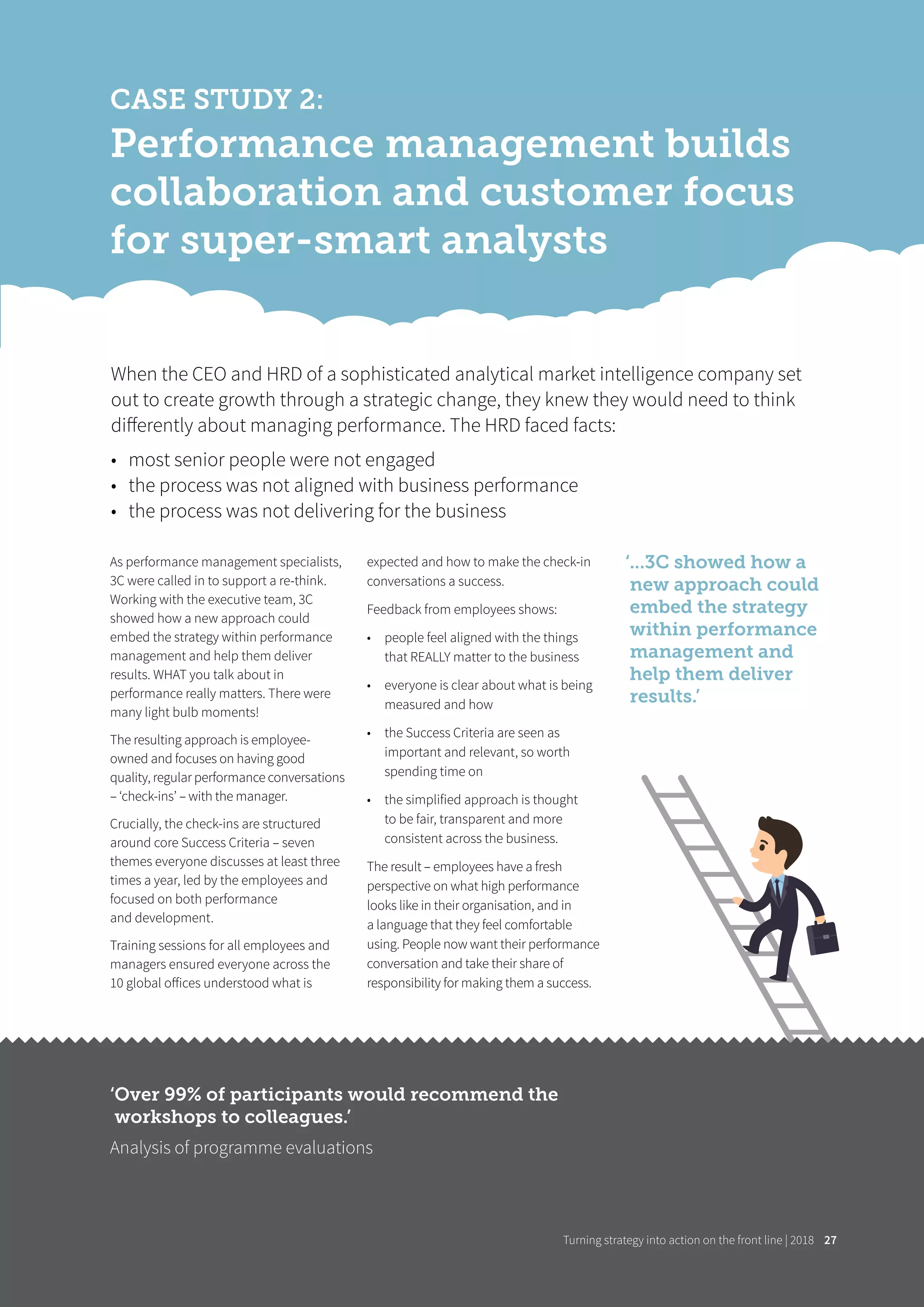 Turning strategy into action on the front line | 2018
CASE STUDY 2:
Performance management builds
collaboration and customer focus
for super-smart analysts
As performance management specialists,
3C were called in to support a re-think.
Working with the executive team, 3C
showed how a new approach could
embed the strategy within performance
management and help them deliver
results. WHAT you talk about in
performance really matters. There were
many light bulb moments!
The resulting approach is employee-
owned and focuses on having good
quality, regular performance conversations
– ‘check-ins’ – with the manager.
Crucially, the check-ins are structured
around core Success Criteria – seven
themes everyone discusses at least three
times a year, led by the employees and
focused on both performance
and development.
Training sessions for all employees and
managers ensured everyone across the
10 global oﬀices understood what is
expected and how to make the check-in
conversations a success.
Feedback from employees shows:
• people feel aligned with the things
that REALLY matter to the business
• everyone is clear about what is being
measured and how
• the Success Criteria are seen as
important and relevant, so worth
spending time on
• the simplified approach is thought
to be fair, transparent and more
consistent across the business.
The result – employees have a fresh
perspective on what high performance
looks like in their organisation, and in
a language that they feel comfortable
using. People now want their performance
conversation and take their share of
responsibility for making them a success.
When the CEO and HRD of a sophisticated analytical market intelligence company set
out to create growth through a strategic change, they knew they would need to think
diﬀerently about managing performance. The HRD faced facts:
• most senior people were not engaged
• the process was not aligned with business performance
• the process was not delivering for the business
‘Over 99% of participants would recommend the
workshops to colleagues.’
Analysis of programme evaluations
‘...3C showed how a
new approach could
embed the strategy
within performance
management and
help them deliver
results.’
Turning strategy into action on the front line | 2018 2727
 