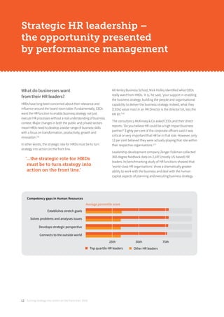 Turning strategy into action on the front line | 201812
Strategic HR leadership –
the opportunity presented
by performance management
What do businesses want
from their HR leaders?
HRDs have long been concerned about their relevance and
influence around the board room table. Fundamentally, CEOs
want the HR function to enable business strategy not just
execute HR processes without a real understanding of business
context. Major changes in both the public and private sectors
mean HRDs need to develop a wider range of business skills
with a focus on transformation, productivity, growth and
innovation.[15]
In other words, the strategic role for HRDs must be to turn
strategy into action on the front line.
‘...the strategic role for HRDs
must be to turn strategy into
action on the front line.’
At Henley Business School, Nick Holley identified what CEOs
really want from HRDs. ‘It is,’ he said, ‘your support in enabling
the business strategy, building the people and organisational
capability to deliver the business strategy. Indeed, what they
[CEOs] value most in an HR Director is the director bit, less the
HR bit.’[16]
The consultancy McKinsey & Co asked CEOs and their direct
reports: ‘Do you believe HR could be a high impact business
partner?’ Eighty per cent of the corporate oﬀicers said it was
critical or very important that HR be in that role. However, only
12 per cent believed they were actually playing that role within
their respective organisations.[17]
Leadership development company Zenger Folkman collected
360-degree feedback data on 2,187 (mostly US based) HR
leaders. Its benchmarking study of HR functions showed that
‘world-class HR organisations’ show a dramatically greater
ability to work with the business and deal with the human
capital aspects of planning and executing business strategy.
SOURCE: ZENGER/FOLKMAN
Competency gaps in Human Resources
Average percentile score
Establishes stretch goals
Solves problems and analyses issues
Develops strategic perspective
Connects to the outside world
25th 50th 75th
Top quartile HR leaders Other HR leaders
 