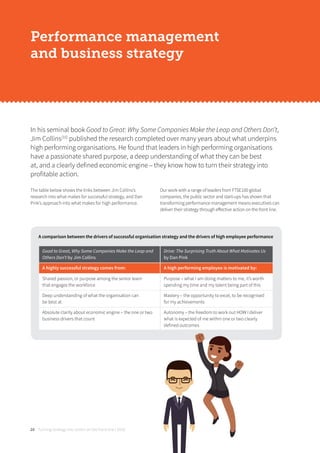 Turning strategy into action on the front line | 201820
Performance management
and business strategy
The table below shows the links between Jim Collins’s
research into what makes for successful strategy, and Dan
Pink’s approach into what makes for high performance.
Our work with a range of leaders from FTSE100 global
companies, the public sector and start-ups has shown that
transforming performance management means executives can
deliver their strategy through eﬀective action on the front line.
In his seminal book Good to Great: Why Some Companies Make the Leap and Others Don’t,
Jim Collins[33]
published the research completed over many years about what underpins
high performing organisations. He found that leaders in high performing organisations
have a passionate shared purpose, a deep understanding of what they can be best
at, and a clearly defined economic engine – they know how to turn their strategy into
profitable action.
A comparison between the drivers of successful organisation strategy and the drivers of high employee performance
Good to Great, Why Some Companies Make the Leap and
Others Don’t by Jim Collins
Drive: The Surprising Truth About What Motivates Us
by Dan Pink
A highly successful strategy comes from: A high performing employee is motivated by:
Shared passion, or purpose among the senior team
that engages the workforce
Purpose – what I am doing matters to me, it’s worth
spending my time and my talent being part of this
Deep understanding of what the organisation can
be best at
Mastery – the opportunity to excel, to be recognised
for my achievements
Absolute clarity about economic engine – the one or two
business drivers that count
Autonomy – the freedom to work out HOW I deliver
what is expected of me within one or two clearly
defined outcomes
 