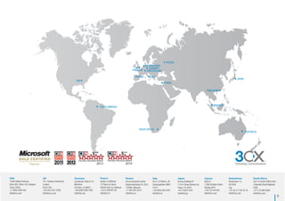 USA
SOUTH AFRICA
HONG KONG
UK GERMANY
SWITZERLAND
CYPRUS
JAPAN
RUSSIA
FRANCE
Innovating Communications
9
2013 2014
SOUTH AMERICA
NETHERLANDS
SPAIN ITALY
SINGAPORE
AUSTRALIA
USA
15305 Dallas Parkway,
Suite 300, Ofﬁce 316, Addison
Texas 75001
+1 (469) 2069 035
info@3cx.com
UK
101, Finsbury Pavement
London
EC2A 1RS
+44 (20) 3327 2020
info@3cx.co.uk
Germany
Landshuter Allee 8-10
München
73608-D,rooﬂdr3
+49 (0)89 2206 1592
info@3cx.de
Russia
Avrora Business Center
Sadovnicheskaya St. 82/2
wocsoM,880511
+7 495 204 29 37
info@3cx.ru
Cyprus
Block B
1 28th October Street
Nicosia 2414
+357 22 444 032
info@3cx.com
Switzerland
Seestrasse 15,
CH 6301
Zug
+41 (0) 41 740 35 35
info@3cx.com
South Africa
Unit 10 Oxford Ofﬁce Park
3 Bauhinia Street Highveld,
0169
+27 (12) 686 8380
info@3cx.com
Japan
Semizu Building 4F
1-10-4 Otowa Bunkyo-ky
Tokyo 112-0013
+81 3 6304 1818
info@3cx.jp
Italy
Via G. Di Vittorio, 28
Campogalliano (MO)
41011
7445390)550(93+
info@3cx.it
France
Elysée La Défense
7C Place du Dome
92056 Paris La Défense
+33 (1) 848 851 00
info@3cx.fr
 
