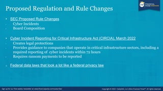 Proposed Regulation and Rule Changes
• SEC Proposed Rule Changes
• Cyber Incidents
• Board Composition
• Cyber Incident Reporting for Critical Infrastructure Act (CIRCIA), March 2022
• Creates legal protections
• Provides guidance to companies that operate in critical infrastructure sectors, including a
required reporting of cyber incidents within 72 hours
• Requires ransom payments to be reported
 Federal data laws that look a lot like a federal privacy law
 