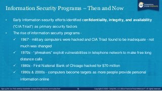 Information Security Programs – Then and Now
• Early information security efforts identified confidentiality, integrity, a...