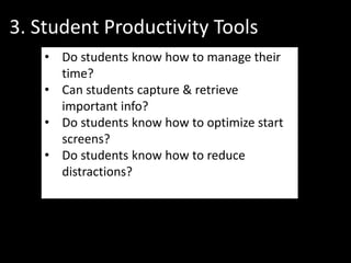 3. Student Productivity Tools
• Do students know how to manage their
time?
• Can students capture & retrieve
important info?
• Do students know how to optimize start
screens?
• Do students know how to reduce
distractions?
 