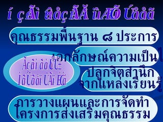 คุณธรรมพื้นฐาน  ๘  ประการ การวางแผนและการจัดทำ โครงการส่งเสริมคุณธรรม หลักสูตรลูกเสือคุณธรรม เอกลักษณ์ความเป็นไทย ปลูกจิตสำนึก จากแหล่งเรียนรู้ กลุ่มสัมพันธ์ ชุมนุมรอบกองไฟ 