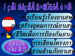 การเรียนรู้เรื่องยาเสพติด ทักษะชีวิตเพื่อการป้องกันยาเสพติด ปณิธานต้านภัยยาเสพติด กลุ่มสัมพันธ์ ชุมนุมรอบกองไฟ การสร้างอุดมการณ์ยาเสพติด การเขียนโครงการ หลักสูตรลูกเสือต้านยาเสพติด 
