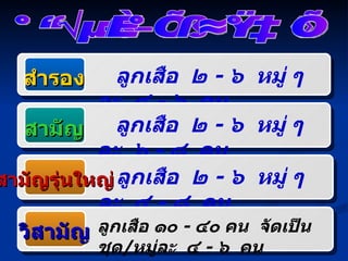 การตั้งกองลูกเสือ สำรอง ลูกเสือ  ๒  -  ๖  หมู่ ๆ ละ  ๔  -  ๖  คน สามัญ ลูกเสือ  ๒  -  ๖  หมู่ ๆ ละ  ๖  -  ๘  คน สามัญรุ่นใหญ่ ลูกเสือ  ๒  -  ๖  หมู่ ๆ ละ  ๔  -  ๘  คน  วิสามัญ ลูกเสือ ๑๐  -  ๔๐ คน  จัดเป็นชุด / หมู่ละ  ๔  -  ๖  คน 