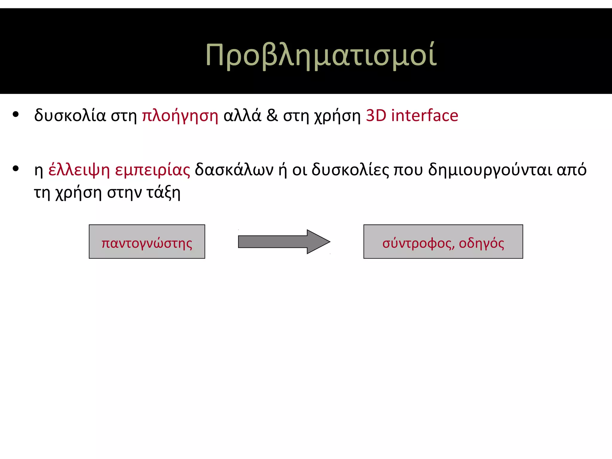 Προβληματισμοί
• δυσκολία στη πλοήγηση αλλά & στη χρήση 3D interface

• η έλλειψη εμπειρίας δασκάλων ή οι δυσκολίες που δημιουργούνται από
  τη χρήση στην τάξη

          παντογνώστης                     σύντροφος, οδηγός
 
