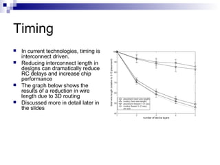 Timing
   In current technologies, timing is
    interconnect driven.
   Reducing interconnect length in
    designs can dramatically reduce
    RC delays and increase chip
    performance
   The graph below shows the
    results of a reduction in wire
    length due to 3D routing
   Discussed more in detail later in
    the slides
 