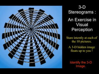 3-D Stereograms : An Exercise in Visual Perception Stare intently at each of the 10 pictures. A 3-D hidden image floats up to you ! Identify the 3-D Image. 