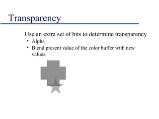 Transparency
Use an extra set of bits to determine transparency
• Alpha
• Blend present value of the color buffer with new
values.
 