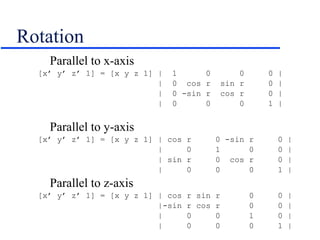 Rotation
Parallel to x-axis
[x’ y’ z’ 1] = [x y z 1] | 1 0 0 0 |
| 0 cos r sin r 0 |
| 0 -sin r cos r 0 |
| 0 0 0 1 |
Parallel to y-axis
[x’ y’ z’ 1] = [x y z 1] | cos r 0 -sin r 0 |
| 0 1 0 0 |
| sin r 0 cos r 0 |
| 0 0 0 1 |
Parallel to z-axis
[x’ y’ z’ 1] = [x y z 1] | cos r sin r 0 0 |
|-sin r cos r 0 0 |
| 0 0 1 0 |
| 0 0 0 1 |
 