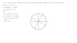 u
w
+x
-z
벡터 u, w 는 월드 좌표계의 y축을 중심으로 30도 만큼 회전한 것으로 설정했다. 반지름이 1인 단위원으로 생각하면, 30도는
theta = PI / 6
cos(theta) = 0.866
sin(theta) = 0.5
일 때,
u = [0.866, 0, 0.5]
w = [0.5, 0, -0.866]
으로 월드 좌표계에서의 벡터로
표현할 수 있다.
 