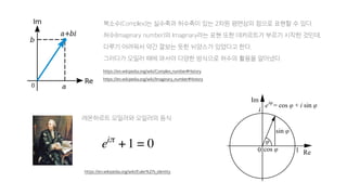 복소수(Complex)는 실수축과 허수축이 있는 2차원 평면상의 점으로 표현할 수 있다.
허수(Imaginary number)의 Imaginary라는 표현 또한 데카르트가 부르기 시작한 것인데,
다루기 어려워서 약간 깔보는 듯한 뉘앙스가 있었다고 한다.
그러다가 오일러 때에 와서야 다양한 방식으로 허수의 활용을 알아냈다.
https://en.wikipedia.org/wiki/Complex_number#History
https://en.wikipedia.org/wiki/Imaginary_number#History
레온하르트 오일러와 오일러의 등식
https://en.wikipedia.org/wiki/Euler%27s_identity
 