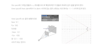 Clip space에 그려질 점들의 x, y 좌표를 NDC로 확장하려면 각 점들의 좌표에 깊이 값을 알아야 한다.
View space의 Near plane에서 Far plane 사이에 있는 점의 z좌표는 NDC에서는 -1 ~ 1 사이에 있게 된다.
View space의 z는 음의 방향이므로
Near: 0.1
Far: 100
이라면
-Near: -0.1
-Far: -100
로 -0.1 ~ -100
사이가 되는 것이다.
 