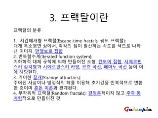 프랙탈의 분류
1. 시간매개형 프랙털(Escape-time fractals, 궤도 프랙털):
대개 복소평면 상에서, 각각의 점이 발산하는 속도를 색으로 나타
낸 이미지. 망델브로 집합
2. 반복함수계(Iterated function system):
기하학적 대체 규칙에 의해 만들어진 도형. 칸토어 집합, 시에르핀
스키 삼각형과 시에르핀스키 카펫, 코흐 곡선, 페아노 곡선 등이 이
에 해당한다.
3. 기이한 끌개(Strange attractors):
주어진 사상이나 방정식의 해를 이용해 초기값을 반복적으로 변환
한 것이며 혼돈 이론과 관계된다.
4. 무작위적 프랙털(Random fractals): 결정론적이지 않고 추측 통
계학적으로 만들어진 것
3. 프랙탈이란
 
