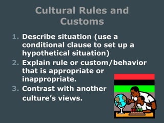 Cultural Rules and
Customs
1. Describe situation (use a
conditional clause to set up a
hypothetical situation)
2. Explain rule or custom/behavior
that is appropriate or
inappropriate.
3. Contrast with another
culture’s views.
 