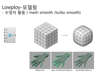 Lowploy-모델링
- 수정자 활용 ( mesh smooth /turbo smooth)
 