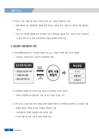 부산발전연구원12
◯ 자동차·선박·항공기용 부품 기자재 글로벌 A/S 시장을 선점하도록 지원
- 현재 해외에 A/S 전담회사를 지정해 운영 중이나, 인력과 장비·비용 등이 글로벌 시장 대응에는
역부족
- 최근 3D 프린터를 활용해 한국 본사에서 부품 스캔자료를 전송해 유럽·중남미 등의 A/S센터에
서 출력 ‧ 제작 후 전 세계 거점지역에서 부품을 출력해 적기에 공급
3. 창조경제 시범사업으로 추진
◯ 창조경제혁신센터에 3D 프린터를 접목한 Fab Lab 사업을 추진해 창업 유도를 활성화
- 가정용품·액세서리류로 지역주민 창업대회를 개최
◯ 지역대학과 연계한 3D 프린터 학생 공모전 등 홍보행사 추진도 바람직
- 대학의 산학협력선도사업(LINC 사업) 중 3D 프린터 도입을 추진
◯ 지역 내 3D 프린터 확산 계기 마련을 위해 마을만들기센터 등 지역재생 중심지에 3D 프린터를 적용
- 판매용 홍보물 기획과 동시에 시제품을 현장에서 구현
- 디자인센터와 연계한 산업용품 현장 출력을 지원
• 시범 사용 및 의견 수렴 후 판매 전략을 수립
 