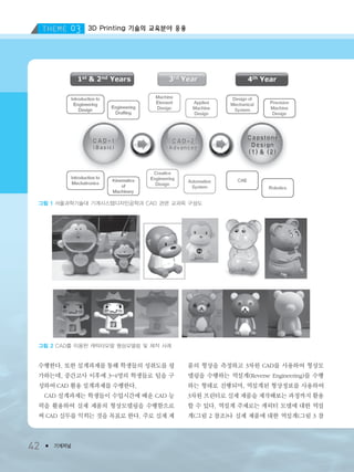 3D Printing 기술의 교육분야 응용
42 ● 기계저널
수행한다. 또한 설계과제를 통해 학생들의 성취도를 평
가하는데, 중간고사 이후에 3~4명의 학생들로 팀을 구
성하여 CAD 활용 설계과제를 수행한다.
CAD 설계과제는 학생들이 수업시간에 배운 CAD 능
력을 활용하여 실제 제품의 형상모델링을 수행함으로
써 CAD 실무를 익히는 것을 목표로 한다. 주로 실제 제
품의 형상을 측정하고 3차원 CAD를 사용하여 형상모
델링을 수행하는 역설계(Reverse Engineering)를 수행
하는 형태로 진행되며, 역설계된 형상정보를 사용하여
3차원 프린터로 실제 제품을 제작해보는 과정까지 활용
할 수 있다. 역설계 주제로는 캐릭터 모델에 대한 역설
계(그림 2 참조)나 실제 제품에 대한 역설계(그림 3 참
그림 1 서울과학기술대 기계시스템디자인공학과 CAD 관련 교과목 구성도
그림 2 CAD를 이용한 캐릭터모델 형상모델링 및 제작 사례
3저널(4월호).ok 2014.3.31 9:47 AM 페이지42 DK
 