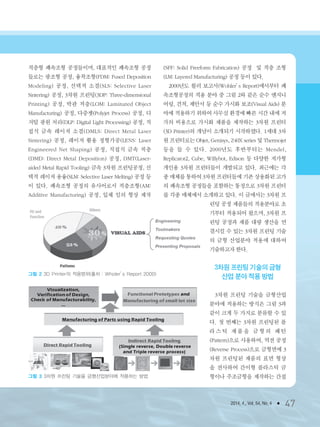 2014. 4., Vol. 54, No. 4 ● 47
적층형 쾌속조형 공정들이며, 대표적인 쾌속조형 공정
들로는 광조형 공정, 융착조형(FDM: Fused Deposition
Modeling) 공정, 선택적 소결(SLS: Selective Laser
Sintering) 공정, 3차원 프린팅(3DP: Three-dimensional
Printing) 공정, 박판 적층(LOM: Laminated Object
Manufacturing) 공정, 다중젯(Polyjet Process) 공정, 디
지털 광원 처리(DLP: Digital Light Processing) 공정, 직
접식 금속 레이저 소결(DMLS: Direct Metal Laser
Sintering) 공정, 레이저 활용 정형가공(LENS: Laser
Engineered Net Shaping) 공정, 직접식 금속 적층
(DMD: Direct Metal Deposition) 공정, DMT(Laser-
aided Metal Rapid Tooling) 금속 3차원 프린팅공정, 선
택적 레이저 용융(SLM: Selective Laser Melting) 공정 등
이 있다. 쾌속조형 공정의 유사어로서 적층조형(AM:
Additive Manufacturing) 공정, 입체 임의 형상 제작
(SFF: Solid Freeform Fabrication) 공정 및 적층 조형
(LM: Layered Manufacturing) 공정 등이 있다.
2000년도 월러 보고서(Wohler’s Report)에서부터 쾌
속조형공정의 적용 분야 중 그림 2와 같은 순수 엔지니
어링, 견적, 제안서 등 순수 가시화 보조(Visual Aids) 분
야에 적용하기 위하여 사무실 환경에 빠른 시간 내에 저
가의 비용으로 가시화 제품을 제작하는 3차원 프린터
(3D Printer)의 개념이 소개되기 시작하였다. 1세대 3차
원 프린터로는 Objet, Genisys, Z40X series 및 Thermojet
등을 들 수 있다. 2000년도 후반부터는 Mendel,
Replicator2, Cube, Willybot, Edison 등 다양한 저가형
개인용 3차원 프린터들이 개발되고 있다. 최근에는 각
종 매체를 통하여 3차원 프린터들에 기존 상용화된 고가
의 쾌속조형 공정들을 포함하는 통칭으로 3차원 프린터
를 각종 매체에서 소개하고 있다. 이 글에서는 3차원 프
린팅 공정 제품들의 적용분야로 초
기부터 적용되어 왔으며, 3차원 프
린팅 공정과 제품 대량 생산을 연
결시킬 수 있는 3차원 프린팅 기술
의 금형 산업분야 적용에 대하여
기술하고자 한다.
3차원 프린팅 기술의 금형
산업 분야 적용 방법
3차원 프린팅 기술을 금형산업
분야에 적용하는 방식은 그림 3과
같이 크게 두 가지로 분류할 수 있
다. 첫 번째는 3차원 프린팅된 플
라 스 틱 제 품 을 금 형 의 패 턴
(Pattern)으로 사용하여, 역전 공정
(Reverse Process)으로 금형면에 3
차원 프린팅된 제품의 표면 형상
을 전사하여 간이형 플라스틱 금
형이나 주조금형을 제작하는 간접
그림 2 3D Printer의 적용범위(출처 : Wholer’s Report 2000)
그림 3 3차원 프린팅 기술을 금형산업분야에 적용하는 방법
3저널(4월호).ok 2014.3.31 9:47 AM 페이지47 DK
 
