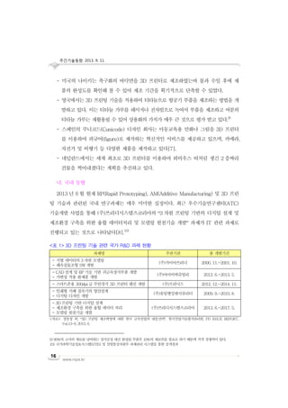 주간기술동향 2013. 9. 11.
www.nipa.kr
16
- 미국의 나이키는 축구화의 바닥면을 3D 프린터로 제조하였는바 불과 수일 후에 제
품의 완성도를 확인해 볼 수 있어 제조 기간을 획기적으로 단축할 수 있었다.
- 영국에서는 3D 프린팅 기술을 적용하여 티타늄으로 항공기 부품을 제조하는 방법을 개
발하고 있다. 이는 티타늄 가루를 레이저나 전자빔으로 녹여서 부품을 제조하고 여분의
티타늄 가루는 재활용될 수 있어 상용화의 가치가 매우 큰 것으로 평가 받고 있다.9)
- 스페인의 쿠니코드(Cunicode) 디자인 회사는 아동교육용 만화나 그림을 3D 프린터
를 이용하여 피규어(figure)로 제작하는 혁신적인 서비스를 제공하고 있으며, 카메라,
자전거 및 비행기 등 다양한 제품을 제작하고 있다[7].
- 네덜란드에서는 세계 최초로 3D 프린터를 이용하여 뫼비우스 띠처럼 생긴 2 층짜리
건물을 찍어내겠다는 계획을 추진하고 있다.
나. 국내 동향
2013 년 6 월 현재 RP(Rapid Prototyping), AM(Additive Manufacturing) 및 3D 프린
팅 기술과 관련된 국내 연구과제는 매우 미미한 실정이다. 최근 우수기술연구센터(ATC)
기술개발 사업을 통해 (주)쓰리디시스템즈코리아의 “3 차원 프린팅 기반의 디지털 설계 및
제조환경 구축을 위한 융합 데이터처리 및 모델링 원천기술 개발” 과제가 IT 관련 과제로
진행되고 있는 것으로 나타났다[8].10)
<표 1> 3D 프린팅 기술 관련 국가 R&D 과제 현황
과제명 주관기관 총 개발기간
- 지형 데이터의 3 차원 모델링
- 쾌속실물조형 SW 개발
(주)가이아쓰리디 2000. 11.~2001. 10.
- CAD 설계 및 RP 기술 기반 귀금속장식부품 개발
- 가변성 적용 완제품 개발
(주)아이비씨쥬얼리 2012. 6.~2013. 5.
- 스마트폰용 300dpi 급 무안경식 3D 프린터 엔진 개발 (주)프리닉스 2012. 12.~2014. 11.
- 인쇄형 지폐 결속기의 양산설계
- 디지털 디자인 개발
(주)유일뱅킹앤시큐리티 2009. 9.~2010. 8.
- 3D 프린팅 기반 디지털 설계
- 제조환경 구축을 위한 융합 데이터 처리
- 모델링 원천기술 개발
(주)쓰리디시스템즈코리아 2013. 6.~2017. 5.
<자료>: 장웅성 외, “3D 프린팅 제조혁명에 대한 한국 금속산업의 대응전략”, 한국산업기술평가관리원, PD ISSUE REPORT,
Vol.13-6, 2013. 6.
9) 90%의 고가의 재료를 낭비하는 절삭공정 대신 완성된 부품은 10%의 재료만을 필요로 하기 때문에 가격 경쟁력이 있다.
10) 국가과학기술정보시스템(NTIS) 및 산업통상자원부 과제관리 시스템을 통한 검색결과
 
