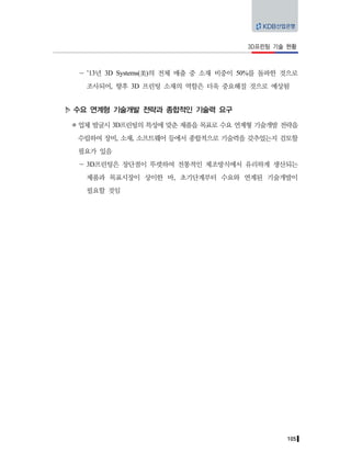 105
3D프린팅 기술 현황
－ ’13년 3D Systems(美)의 전체 매출 중 소재 비중이 50%를 돌파한 것으로
조사되어, 향후 3D 프린팅 소재의 역할은 더욱 중요해질 것으로 예상됨
수요 연계형 기술개발 전략과 종합적인 기술력 요구
업체 발굴시 3D프린팅의 특성에 맞춘 제품을 목표로 수요 연계형 기술개발 전략을
수립하여 장비, 소재, 소프트웨어 등에서 종합적으로 기술력을 갖추었는지 검토할
필요가 있음
－ 3D프린팅은 장단점이 뚜렷하여 전통적인 제조방식에서 유리하게 생산되는
제품과 목표시장이 상이한 바, 초기단계부터 수요와 연계된 기술개발이
필요할 것임
 